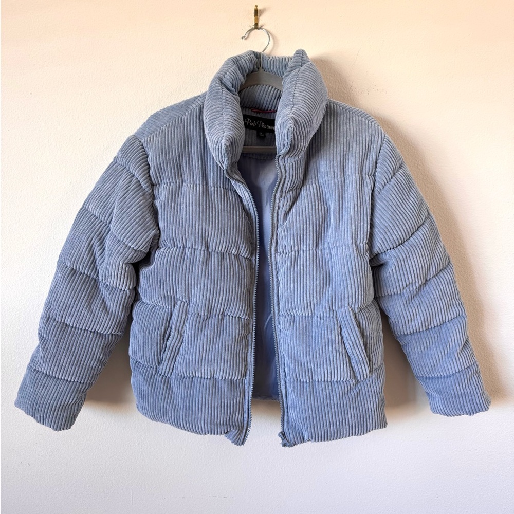 Pink Platinum Light Blue Corduroy Puffer Jacket Size Small like new